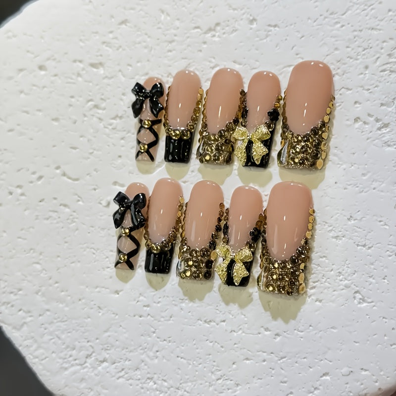 10pcs Glamorous Press-On Nails with Black, Golden Accents - Delicate Bows, Rhinestones & Intricate Patterns, Nude Base, Black Tips, Opulent Golden Details for Special Occasions, Elegant Nail Art, Sophisticated Manicure, Highe